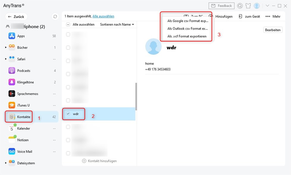AnyTrans - Kontakte auf dem PC speichern